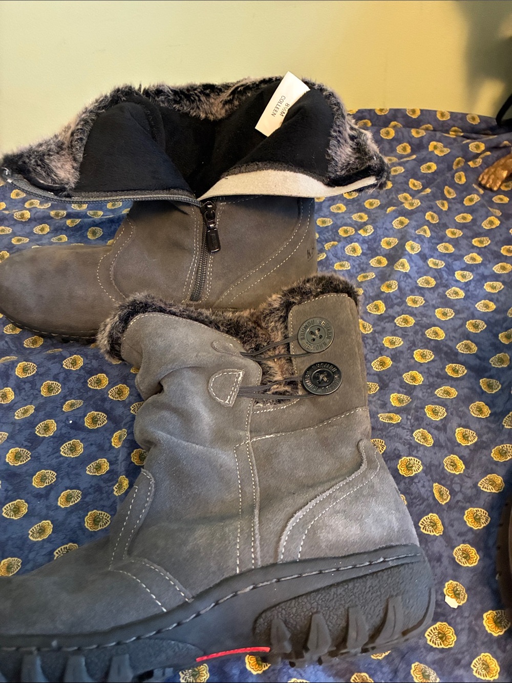 Khombu Gray Suede Fleece-Lined Winter Boots with Button Detail